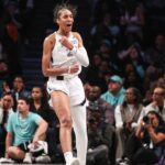 Las Vegas Aces center A'ja Wilson (22) celebrates after scoring in the fourth quarter against the New York Liberty during game two of the 2024 WNBA Semi-finals at Barclays Center.