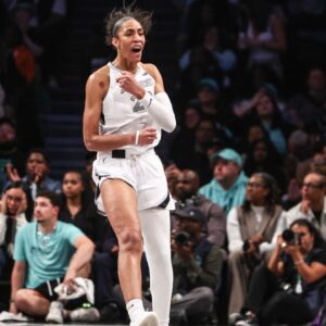 Las Vegas Aces center A'ja Wilson (22) celebrates after scoring in the fourth quarter against the New York Liberty during game two of the 2024 WNBA Semi-finals at Barclays Center.