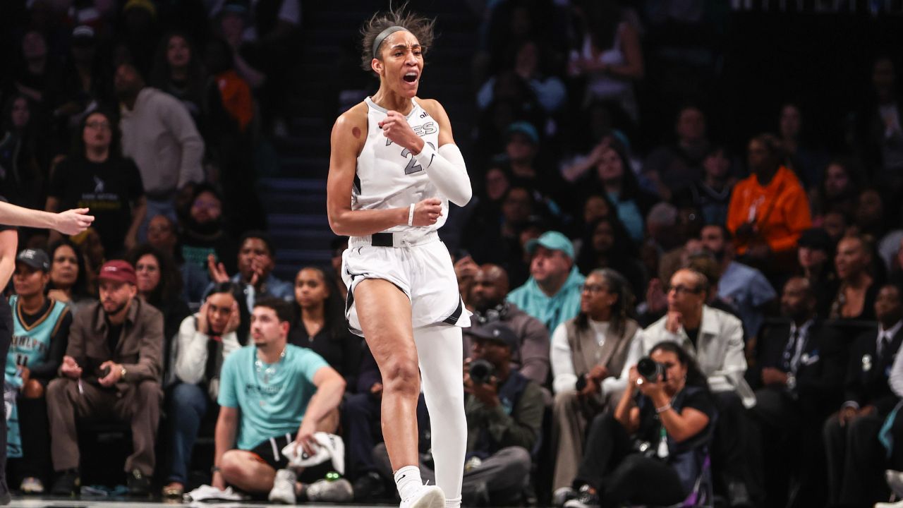 Las Vegas Aces center A'ja Wilson (22) celebrates after scoring in the fourth quarter against the New York Liberty during game two of the 2024 WNBA Semi-finals at Barclays Center.