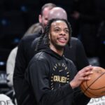 Cleveland Cavaliers guard Darius Garland (10) warms up before a game against the Brooklyn Nets at Barclays Center.