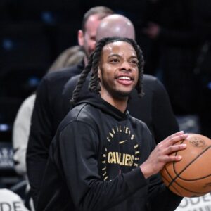 Cleveland Cavaliers guard Darius Garland (10) warms up before a game against the Brooklyn Nets at Barclays Center.