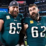 Nov 5, 2023; Philadelphia, Pennsylvania, USA; Philadelphia Eagles center Jason Kelce (62) and offensive tackle Lane Johnson (65) walk off the field together after a victory against the Dallas Cowboys at Lincoln Financial Field.