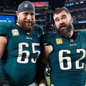 Nov 5, 2023; Philadelphia, Pennsylvania, USA; Philadelphia Eagles center Jason Kelce (62) and offensive tackle Lane Johnson (65) walk off the field together after a victory against the Dallas Cowboys at Lincoln Financial Field.