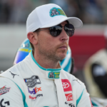 May 19, 2024; North Wilkesboro, North Carolina, USA; NASCAR Cup Series driver Denny Hamlin (11) during the All Star race at North Wilkesboro Speedway. Mandatory Credit: Jim Dedmon-Imagn Images