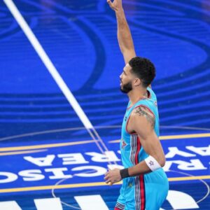 Shaqís OGs forward Jayson Tatum (0) of the Boston Celtics reacts after a play against Chuckís Global Stars during the 2025 NBA All Star Game at Chase Center