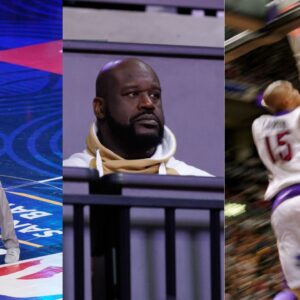 Vince Carter (L), Shaquille O'Neal (C), Vince Carter dunking the ball (R)