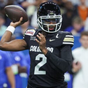 Dec 28, 2024; San Antonio, TX, USA; Colorado Buffaloes quarterback Shedeur Sanders (2) attempts a pass during the first quarter against the Brigham Young Cougars at Alamodome.