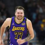 Los Angeles Lakers guard Luka Doncic (77) after a basket during the first half against the Denver Nuggets at Ball Arena.