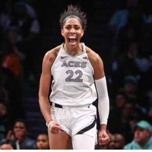 Las Vegas Aces center A'ja Wilson (22) celebrates after scoring in the fourth quarter against the New York Liberty during game two of the 2024 WNBA Semi-finals at Barclays Center.