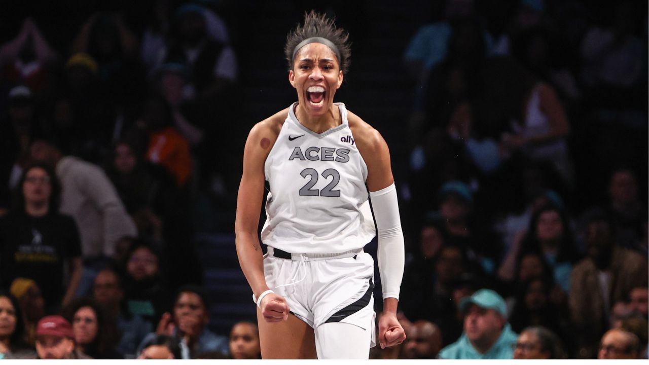 Las Vegas Aces center A'ja Wilson (22) celebrates after scoring in the fourth quarter against the New York Liberty during game two of the 2024 WNBA Semi-finals at Barclays Center.