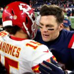 Dec 8, 2019; Foxborough, MA, USA; New England Patriots quarterback Tom Brady (12) congratulates Kansas City Chiefs quarterback Patrick Mahomes (15) after their game at Gillette Stadium.