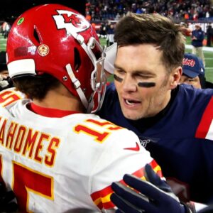 Dec 8, 2019; Foxborough, MA, USA; New England Patriots quarterback Tom Brady (12) congratulates Kansas City Chiefs quarterback Patrick Mahomes (15) after their game at Gillette Stadium.