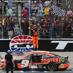 Apr 14, 2024; Fort Worth, Texas, USA; NASCAR Cup Series driver Chase Elliott (9) celebrates at the start finish line after winning the NASCAR Cup Series AutoTrader EchoPark 400 at Texas Motor Speedway. Mandatory Credit: Michael C. Johnson-Imagn Images