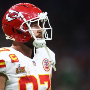 Kansas City Chiefs tight end Travis Kelce (87) reacts in the fourth quarter against the Philadelphia Eagles in Super Bowl LIX at Ceasars Superdome.