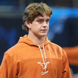 Jan 1, 2025; Atlanta, GA, USA; Texas Longhorns quarterback Arch Manning (16) warms up before the Peach Bowl at Mercedes-Benz Stadium.