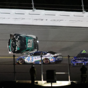 Feb 16, 2025; Daytona Beach, Florida, USA; NASCAR Cup Series driver Ryan Preece (60) gets airborne after a wreck during the Daytona 500 at Daytona International Speedway. Mandatory Credit: Mark J. Rebilas-Imagn Images
