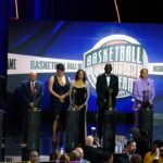 Class of 2024 inductees and their representatives share the stage at the conclusion of the Naismith Memorial Basketball Hall of Fame Enshrinement at Symphony Hall Springfield.