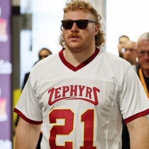 Philadelphia Eagles center Cam Jurgens (51) arrives before Super Bowl LIX at Caesars Superdome.