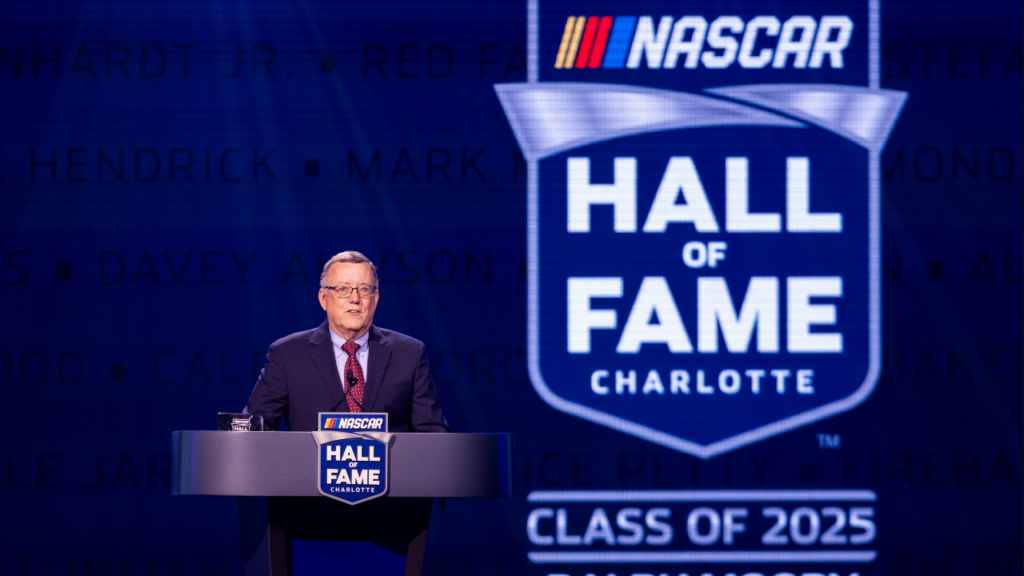 Ralph Moody III accepts the award for his father Former driver Ralph Moody as he is inducted into the 2025 NASCAR Hall Of Fame at Charlotte Convention Center Crown Ballroom.
