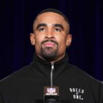Philadelphia Eagles quarterback Jalen Hurts (1) speaks at the Super Bowl LIX Winning Head Coach and Most Valuable Player press conference at the Ernest N. Morial Convention Center.