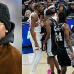 Stephen A. Smith (L), Kevin Durant and Chris Paul separated by teammates after their altercation (R)