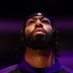 Los Angeles Lakers forward Anthony Davis stands for the anthem before action against the Philadelphia 76ers at Wells Fargo Center.