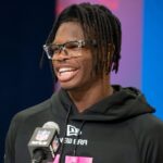 Feb 27, 2025; Indianapolis, IN, USA; Colorado defensive back Travis Hunter (DB15) during the 2025 NFL Combine at Lucas Oil Stadium.
