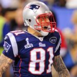 Feb 5, 2012; Indianapolis, IN, USA; New England Patriots tight end Aaron Hernandez celebrates as he scores a touchdown during Super Bowl XLVI against the New York Giants at Lucas Oil Stadium.