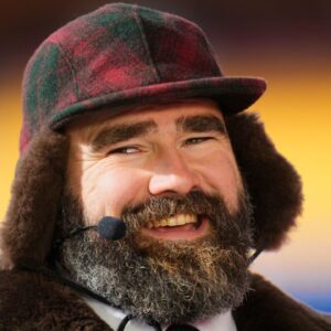 Philadelphia Eagles former player and ESPN commentator Jason Kelce reacts before in a 2025 AFC divisional round game between the Kansas City Chiefs and the Houston Texans at GEHA Field at Arrowhead Stadium.