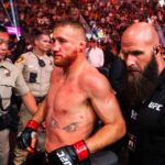 Justin Gaethje leaves the octagon after being knocked out by Max Holloway (not pictured) during UFC 300 at T-Mobile Arena.