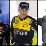 Denny Hamlin (L), Carson Hocevar (C) and Mark Martin (R).