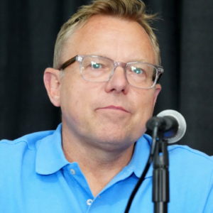 Jun 20, 2024; Eugene, OR, USA; Leigh Diffey during US Olympic Team Trials press conference at Hayward Field. Mandatory Credit: Kirby Lee-Imagn Images