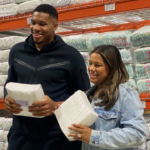 Bucks superstar Giannis Antetokounmpo and his longtime partner Mariah Riddlesprigger at the Milwaukee Diaper Mission on Sept. 11, 2023.