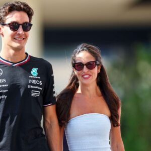George Russell of Great Britain and Mercedes AMG Petronas F1 Team with Girlfriend Carmen Montero Mundt gesture arriving in the paddock, Qualifying, F1 Grand Prix of Abu Dhabi, Yas Marina Circuit on December 7, 2024 in Abu Dhabi, United Arab Emirates