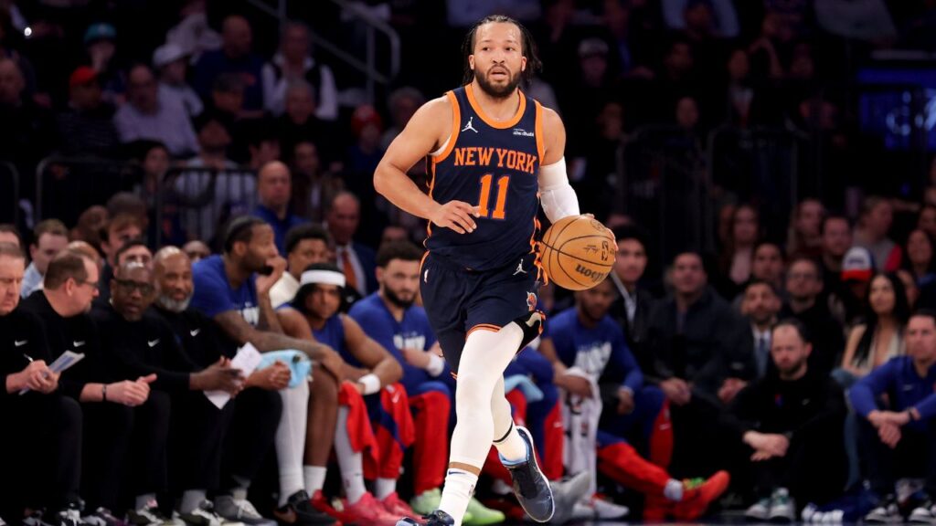 Feb 26, 2025; New York, New York, USA; New York Knicks guard Jalen Brunson (11) brings the ball up court against the Philadelphia 76ers during the first quarter at Madison Square Garden. Mandatory Credit: Brad Penner-Imagn Images