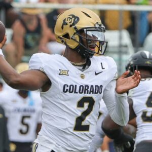 Sep 28, 2024; Orlando, Florida, USA; Colorado Buffaloes quarterback Shedeur Sanders (2) throws a pass against the UCF Knights during the first quarter at FBC Mortgage Stadium.