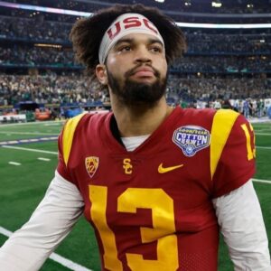 USC Trojans quarterback Caleb Williams (13) walks off the field after the game against the Tulane Green Wave in the 2023 Cotton Bowl at AT&T Stadium.