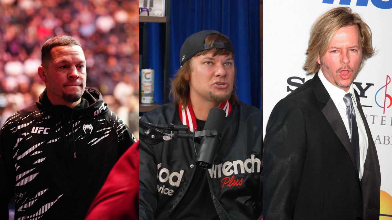 Nate Diaz (L), Theo Von (M), David Spade (R)