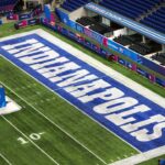 Indianapolis, IN, USA; The Indianapolis Colts logo in the end zone at Lucas Oil Stadium.