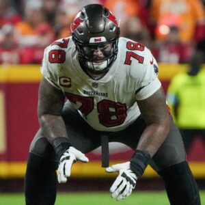 Nov 4, 2024; Kansas City, Missouri, USA; Tampa Bay Buccaneers offensive tackle Tristan Wirfs (78) at the line of scrimmage against the Kansas City Chiefsduring the game at GEHA Field at Arrowhead Stadium.