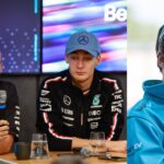 Lewis Hamilton, George Russell (L) and Nelson Piquet Jr. (R)