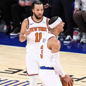 New York Knicks guard Josh Hart (3) celebrates with guard Jalen Brunson (11) in the fourth quarter against the Philadelphia 76ers in game one of the first round for the 2024 NBA playoffs at Madison Square Garden