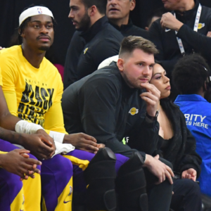 Los Angeles Lakers guard Luka Doncic watches game action against the against the Los Angeles Clippers during the first half at Intuit Dome.