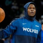Minnesota Timberwolves guard Anthony Edwards (5) prepares to play the Sacramento Kings before the game at Target Center.