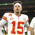 Feb 9, 2025; New Orleans, LA, USA; Kansas City Chiefs quarterback Patrick Mahomes (15) reacts after losing to the Philadelphia Eagles in Super Bowl LIX at Ceasars Superdome.
