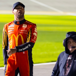 Feb 14, 2024; Daytona Beach, Florida, USA; NASCAR Cup Series driver Bubba Wallace (left) with crew chief Bootie Barker during qualifying for the Daytona 500 at Daytona International Speedway. Mandatory Credit: Mark J. Rebilas-Imagn Images