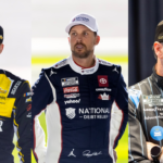 Carson Hocevar (L), Denny Hamlin (C) and Jimmie Johnson (R).