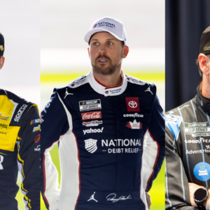 Carson Hocevar (L), Denny Hamlin (C) and Jimmie Johnson (R).