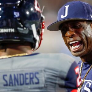 Jackson State head coach Deion Sanders yells at Jackson State safety Shilo Sanders (21) on the sideline in the Southern Heritage Classic between Tennessee State University and Jackson State University at Liberty Bowl Memorial Stadium in Memphis, Tenn., on Saturday