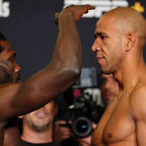 Jared Cannonier and Gregory Rodrigues face-off following the official weigh-ins at Palace Station Hotel & Casino for UFC Fight Night - Cannonier vs Rodrigues on February 14, 2025 in Las Vegas, NV, United States.